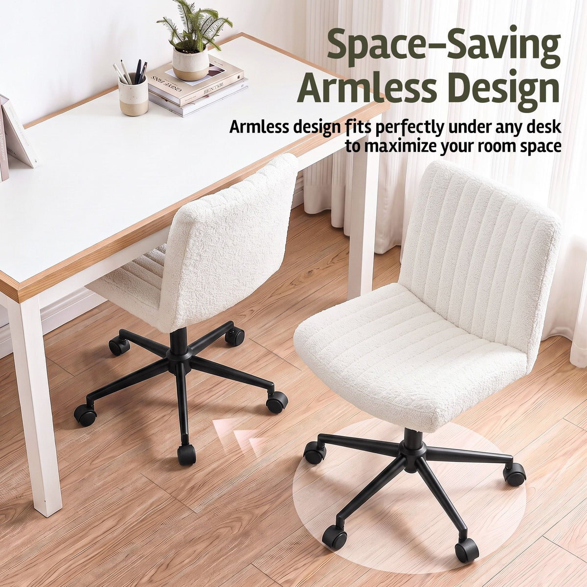 TWSC Armless Cross Legged Office Chair Wide Seat Vanity Chair Teddy Fleece Beige