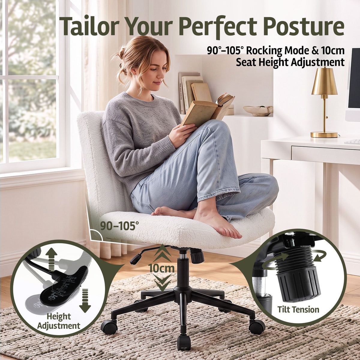 TWSC Armless Cross Legged Office Chair Wide Seat Vanity Chair Teddy Fleece Beige