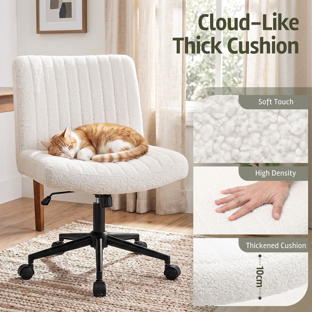 TWSC Armless Cross Legged Office Chair Wide Seat Vanity Chair Teddy Fleece Beige