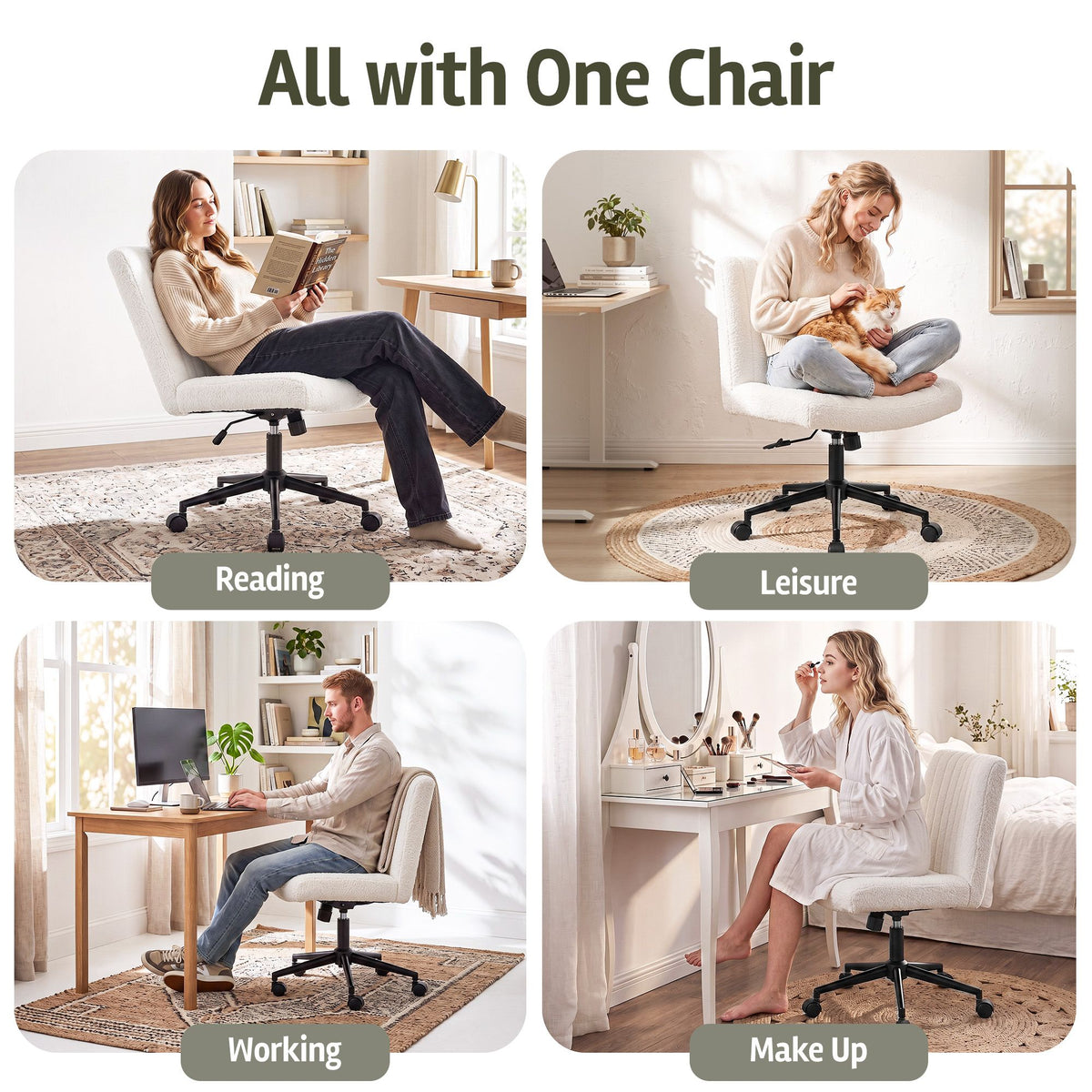 TWSC Armless Cross Legged Office Chair Wide Seat Vanity Chair Teddy Fleece Beige