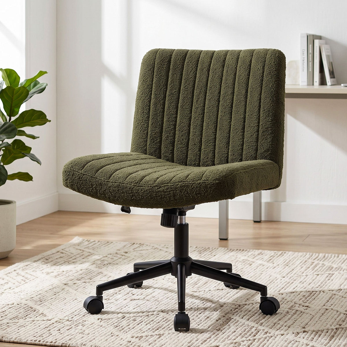 TWSC Armless Cross Legged Office Chair Wide Seat Vanity Chair Teddy Fleece Green