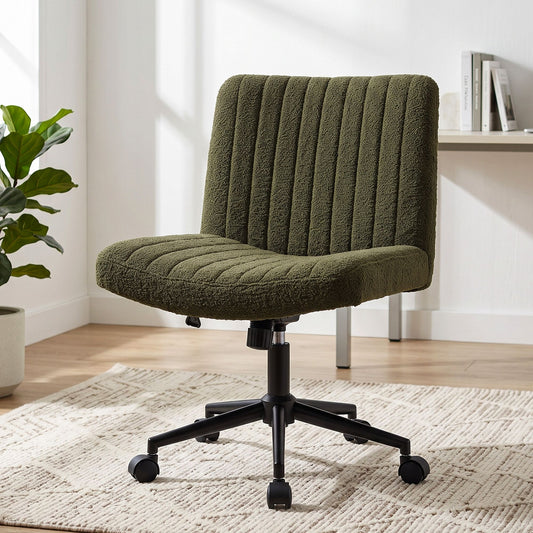 TWSC Armless Cross Legged Office Chair Wide Seat Vanity Chair Teddy Fleece Green