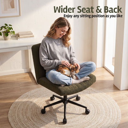 TWSC Armless Cross Legged Office Chair Wide Seat Vanity Chair Teddy Fleece Green
