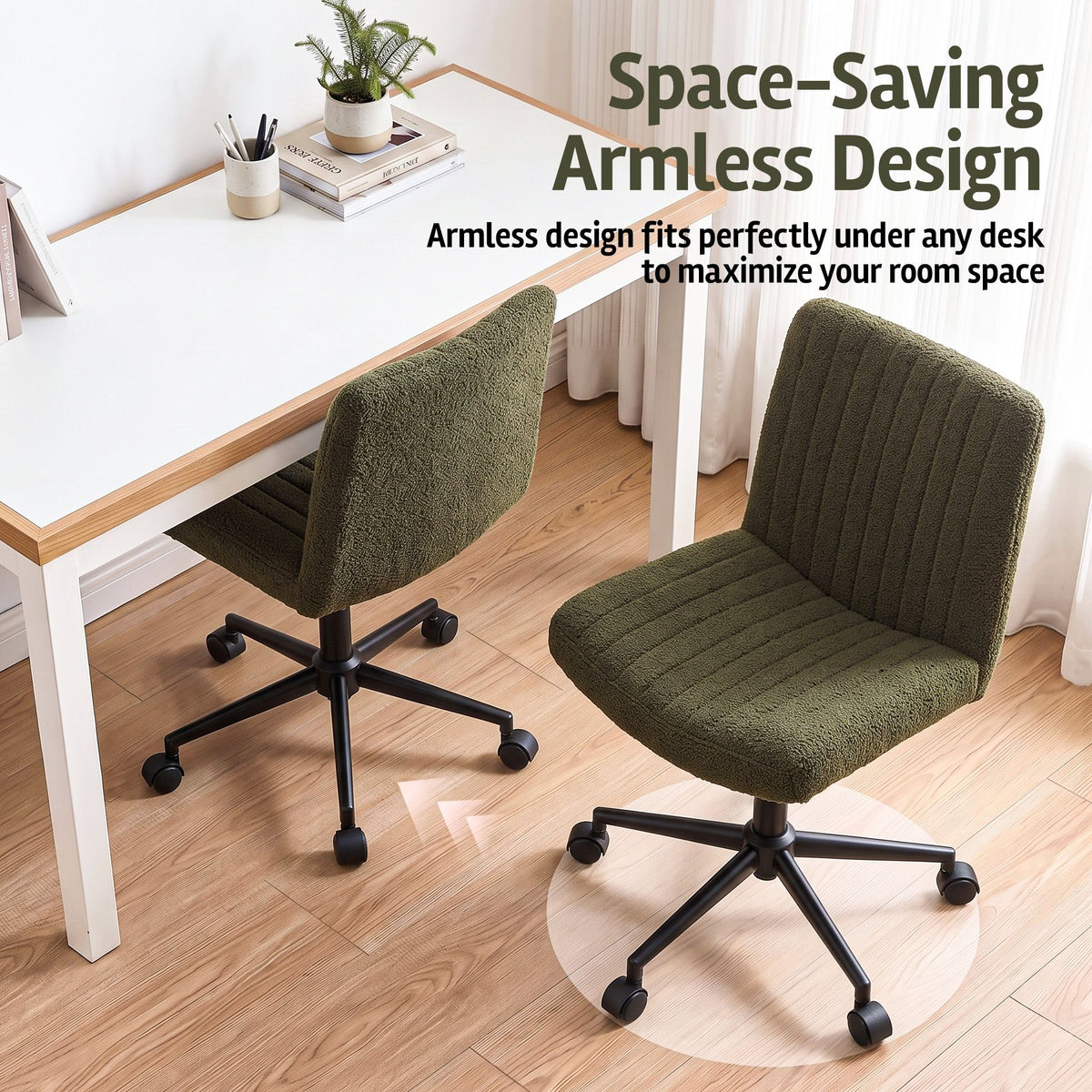TWSC Armless Cross Legged Office Chair Wide Seat Vanity Chair Teddy Fleece Green