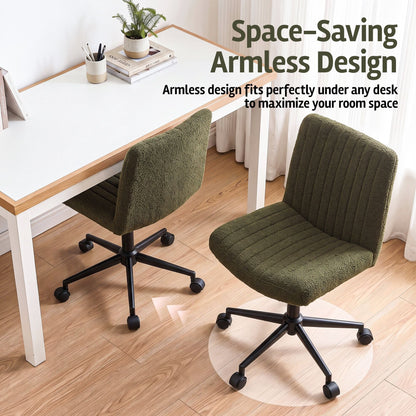 TWSC Armless Cross Legged Office Chair Wide Seat Vanity Chair Teddy Fleece Green