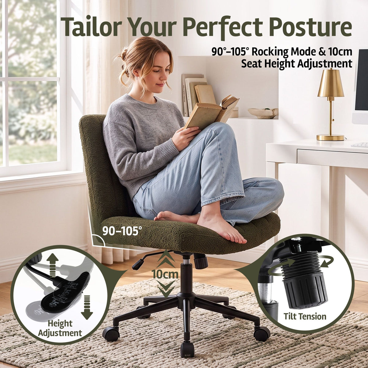 TWSC Armless Cross Legged Office Chair Wide Seat Vanity Chair Teddy Fleece Green