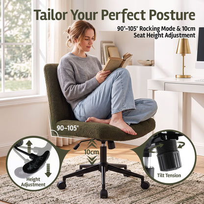 TWSC Armless Cross Legged Office Chair Wide Seat Vanity Chair Teddy Fleece Green