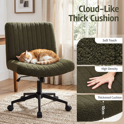 TWSC Armless Cross Legged Office Chair Wide Seat Vanity Chair Teddy Fleece Green