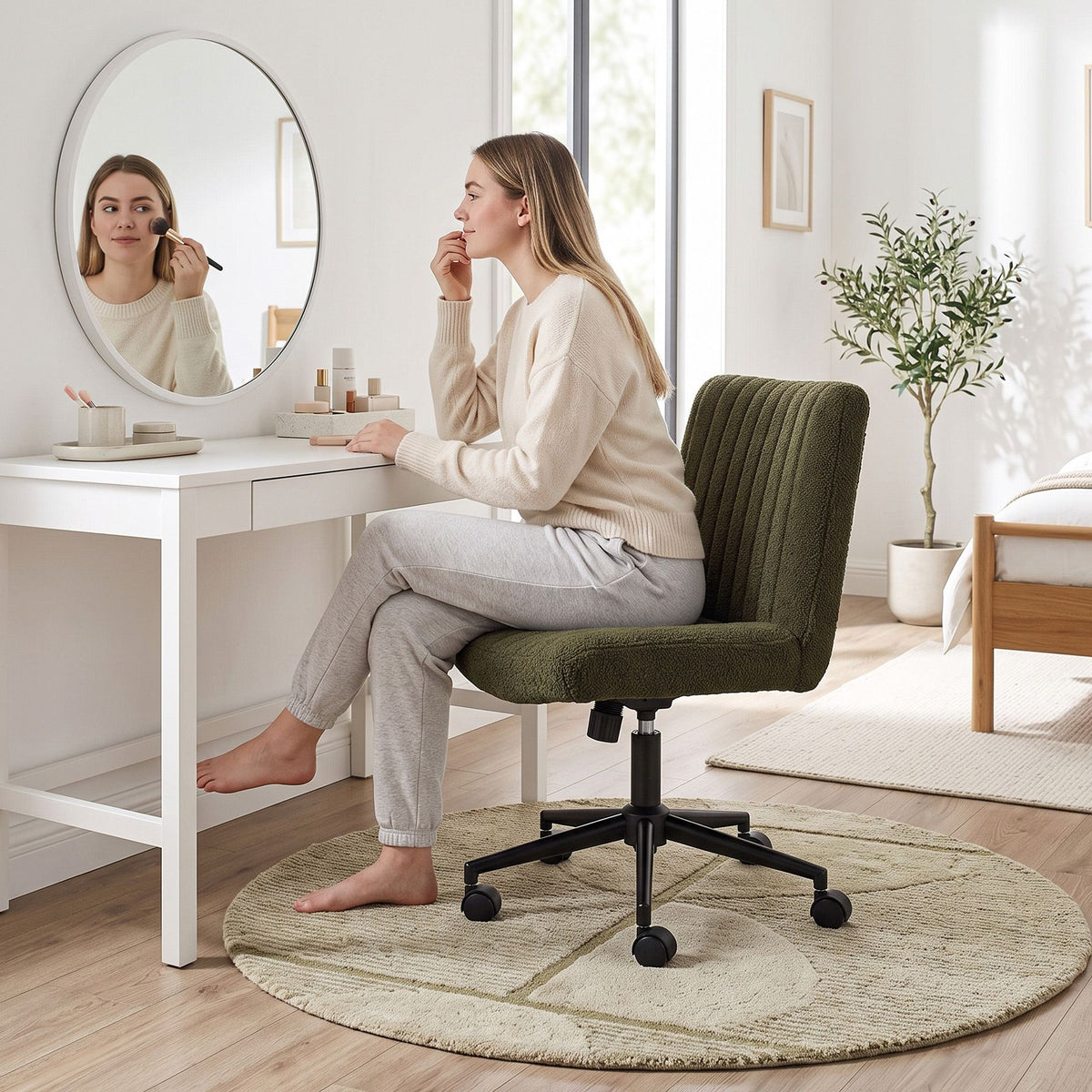 TWSC Armless Cross Legged Office Chair Wide Seat Vanity Chair Teddy Fleece Green