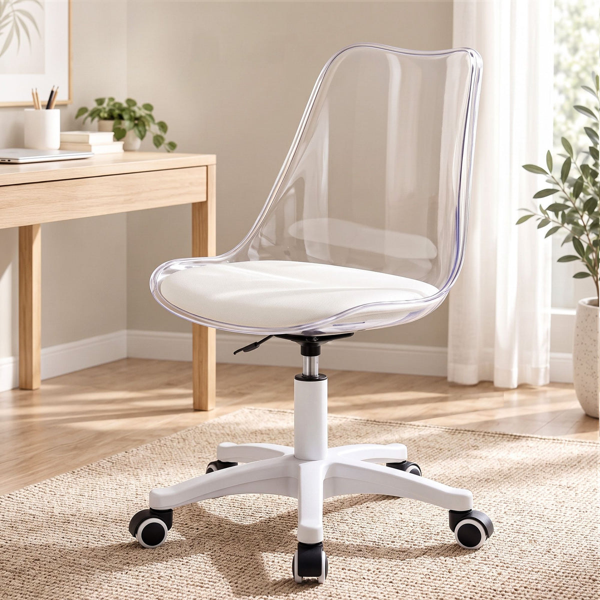 TWSC Clear Acrylic Office Chair Armless Swivel Vanity Desk Chair Mondern White