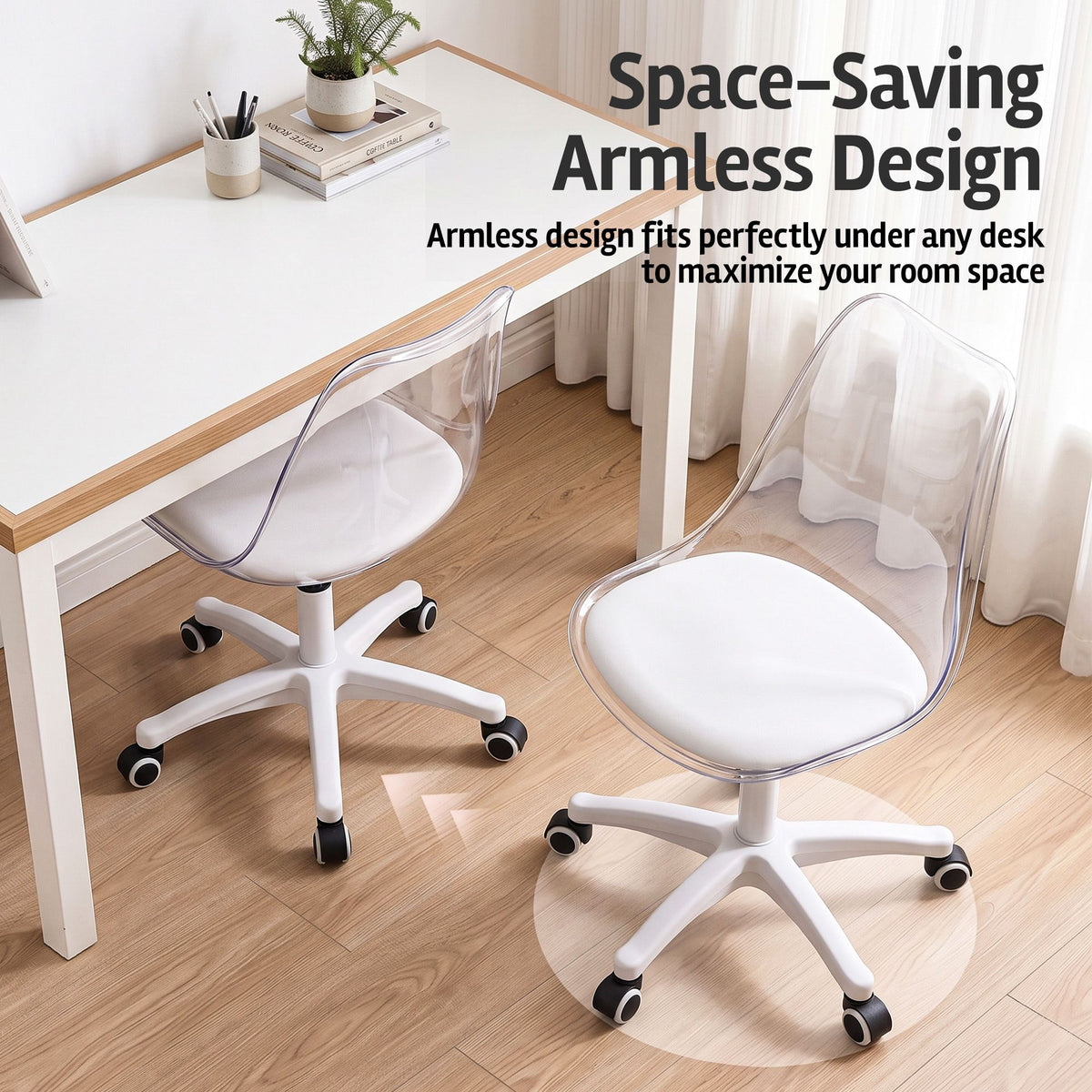 TWSC Clear Acrylic Office Chair Armless Swivel Vanity Desk Chair Mondern White