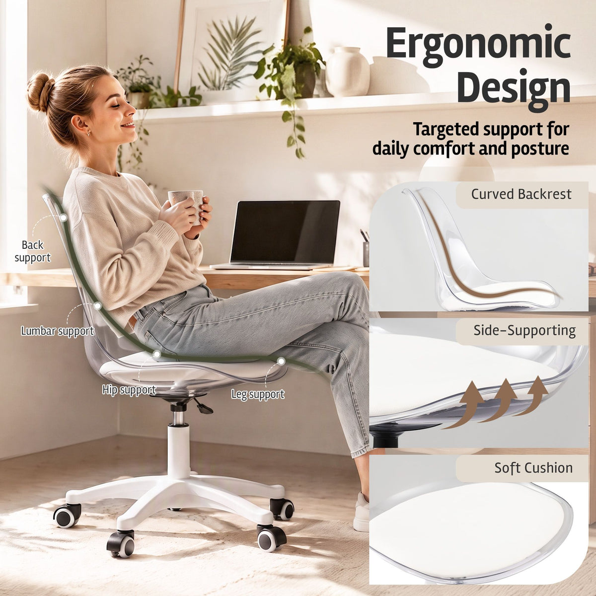 TWSC Clear Acrylic Office Chair Armless Swivel Vanity Desk Chair Mondern White