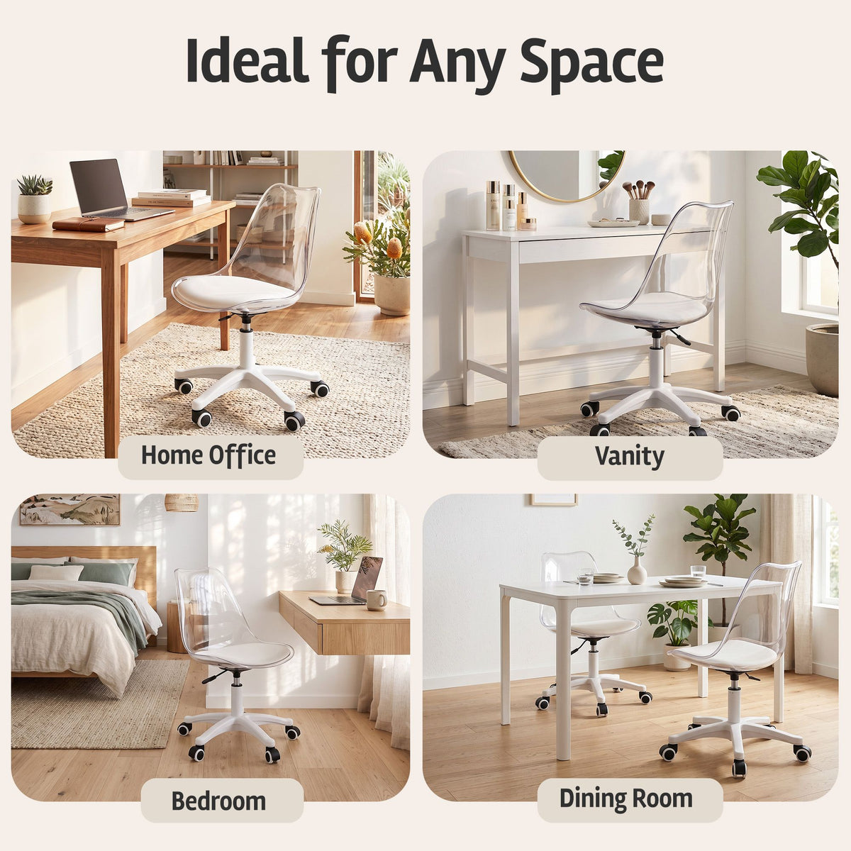 TWSC Clear Acrylic Office Chair Armless Swivel Vanity Desk Chair Mondern White