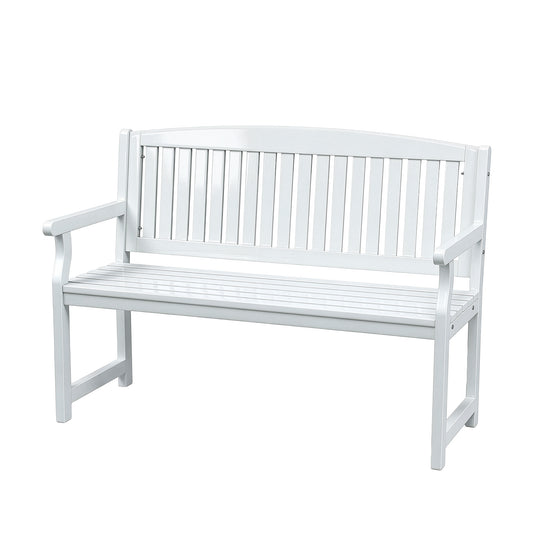 White 2-seater wooden outdoor garden bench by Gardeon, patio chair with slatted back and armrests for outdoor seating.