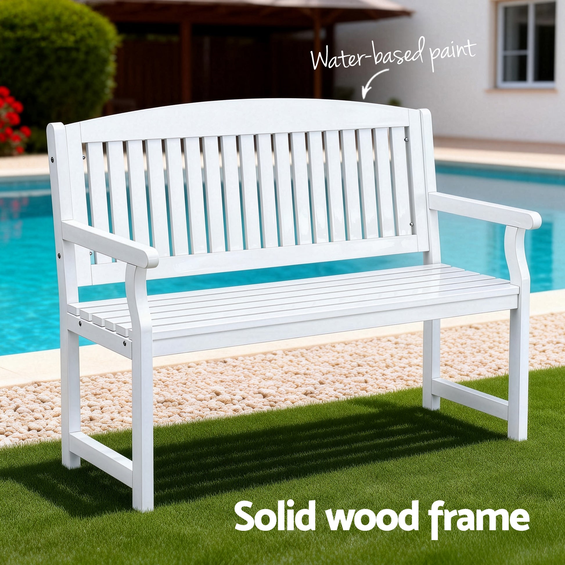 White wooden outdoor garden bench, 2-seater patio chair from Gardeon, weather-resistant outdoor furniture with a classic design.