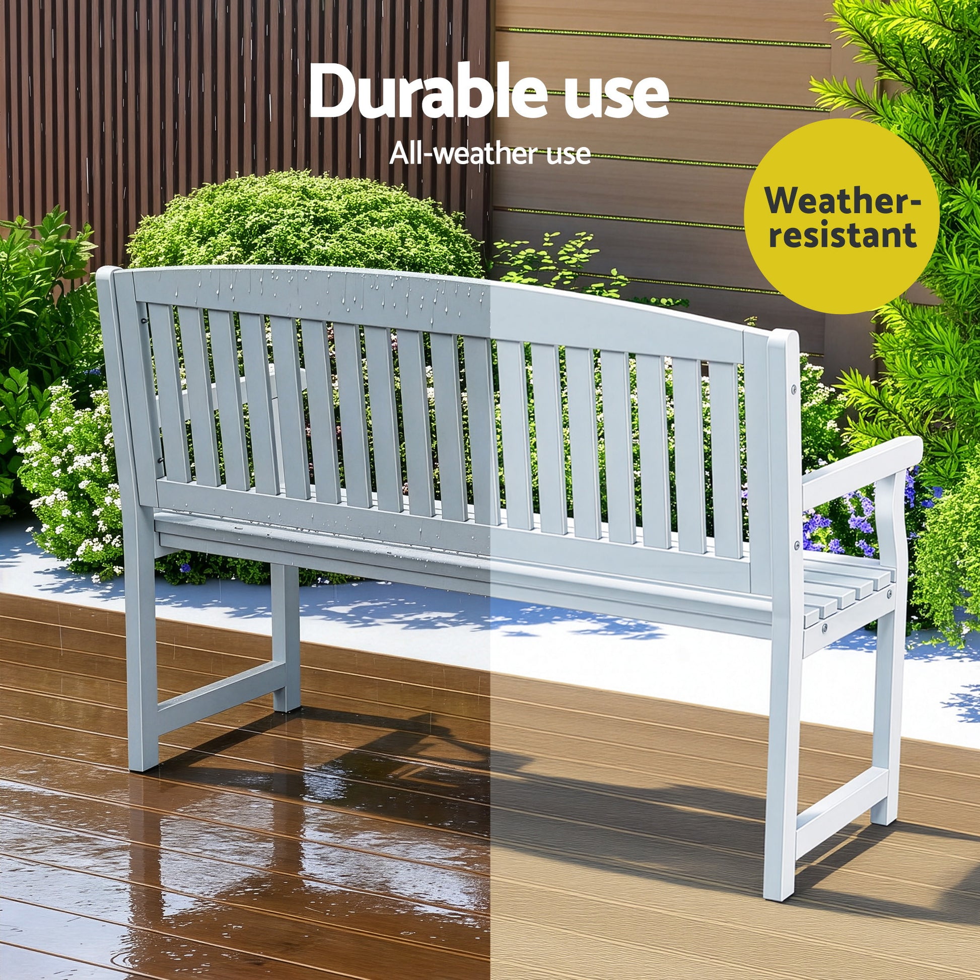 White outdoor garden bench, 2-seater wooden patio chair by Gardeon, perfect for outdoor seating and garden decor.