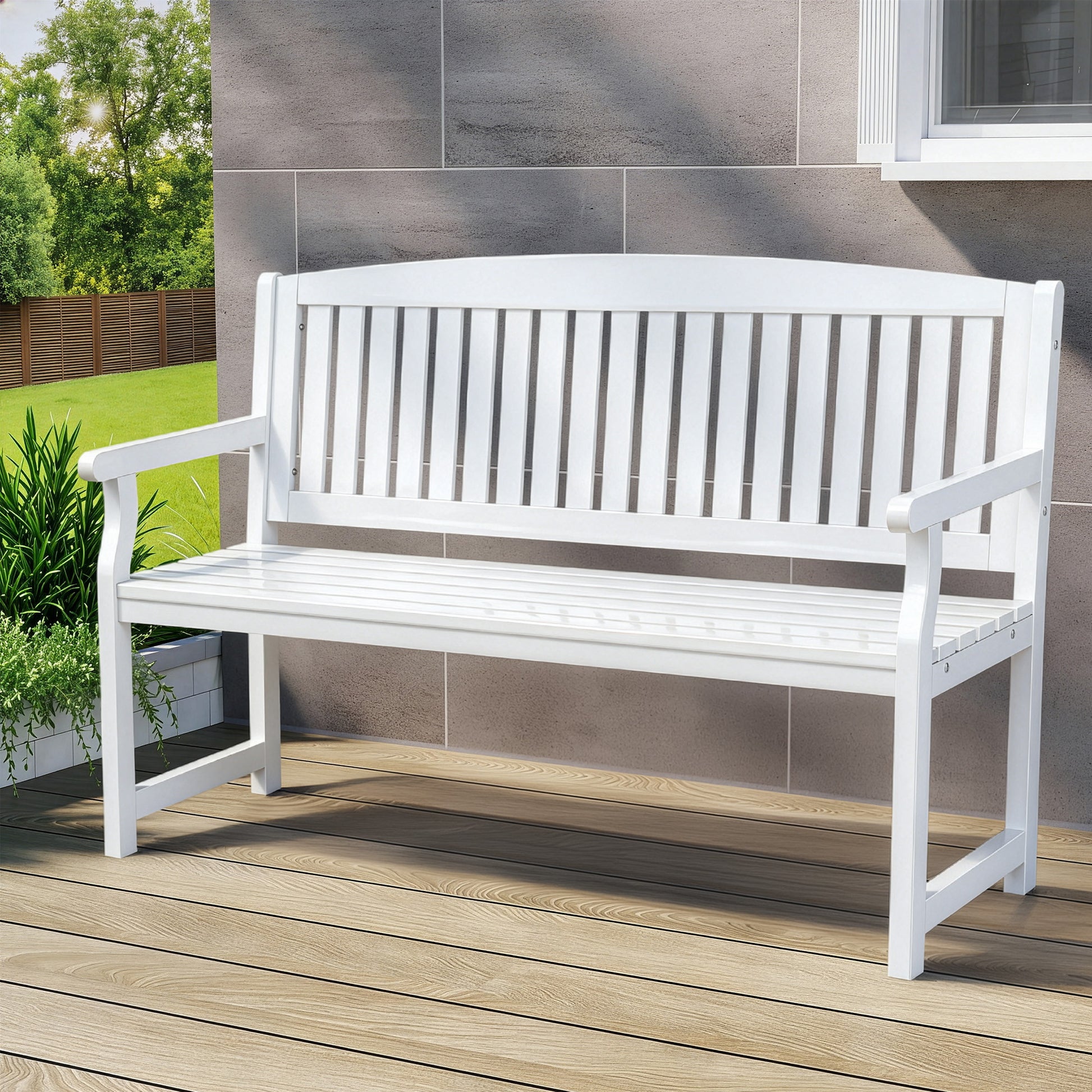 White 2-seater wooden outdoor garden bench by Gardeon, perfect for patio seating and outdoor relaxation.