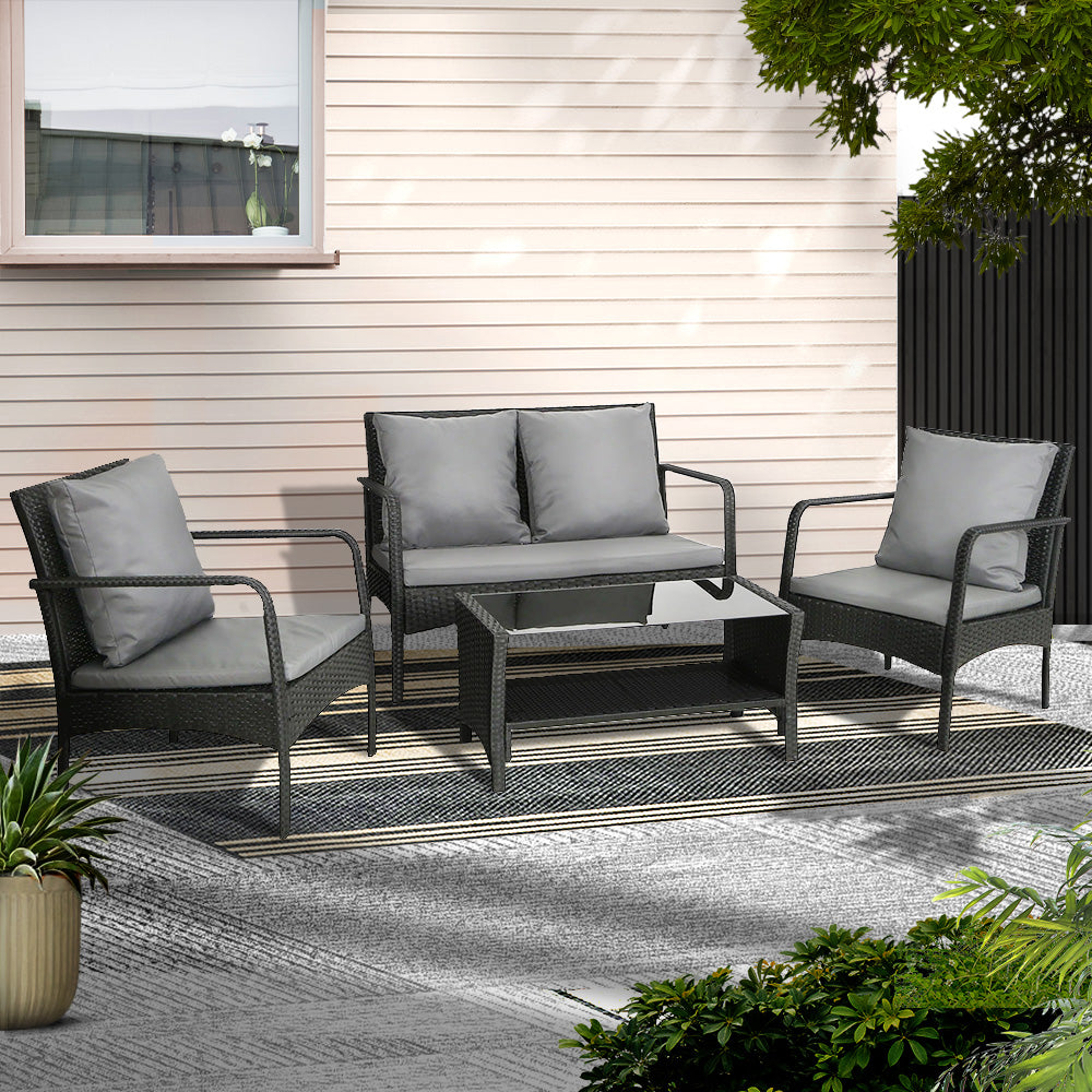 Outdoor Rattan Sofa Set – Wicker, Steel Frame, Black with Dark Grey Cushions