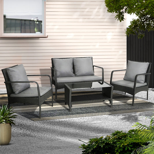 Outdoor Rattan Sofa Set – Wicker, Steel Frame, Black with Dark Grey Cushions