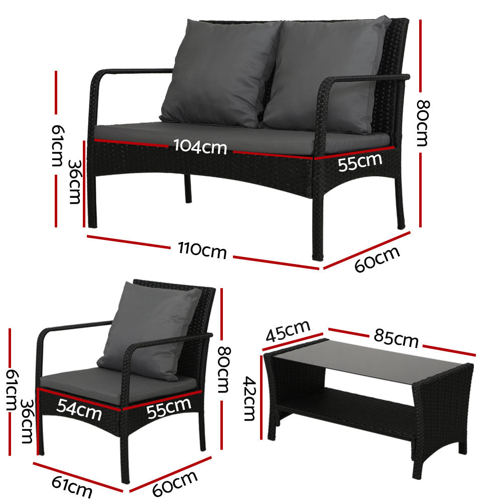 Outdoor Rattan Sofa Set – Wicker, Steel Frame, Black with Dark Grey Cushions