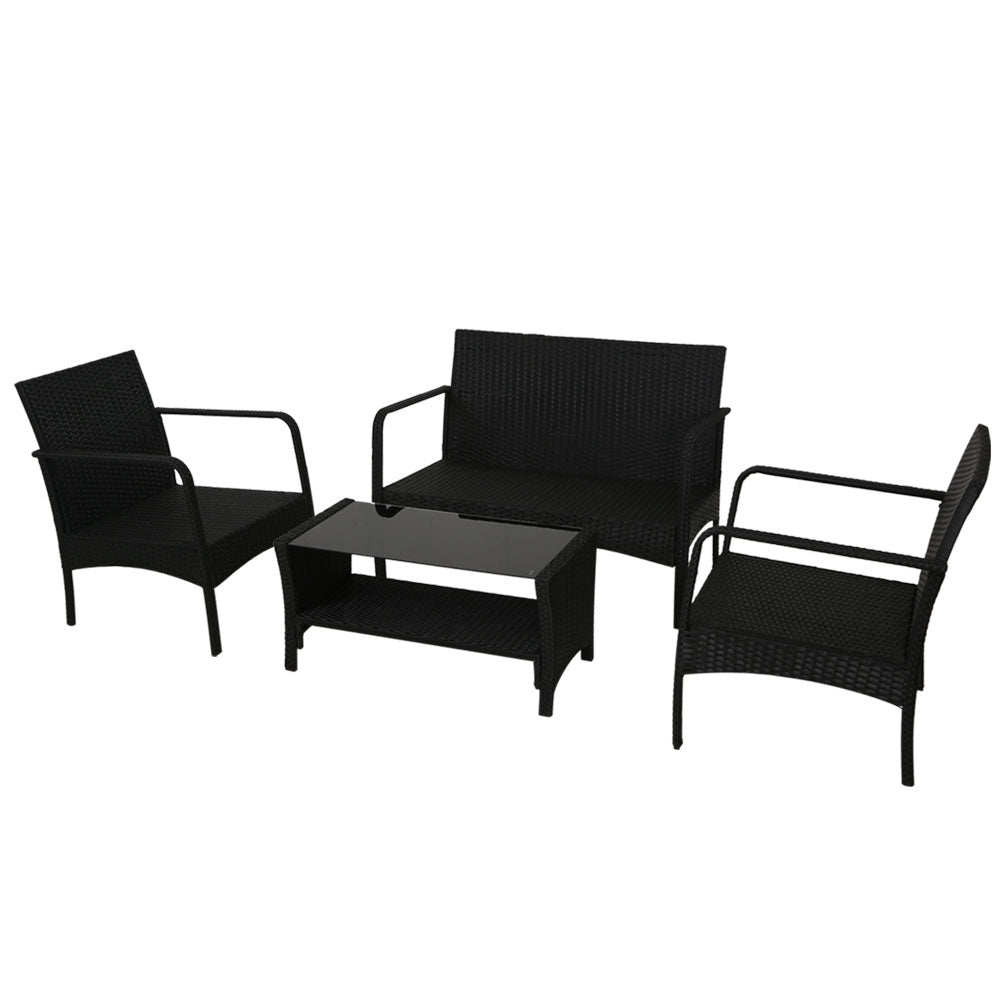 Outdoor Rattan Sofa Set – Wicker, Steel Frame, Black with Dark Grey Cushions