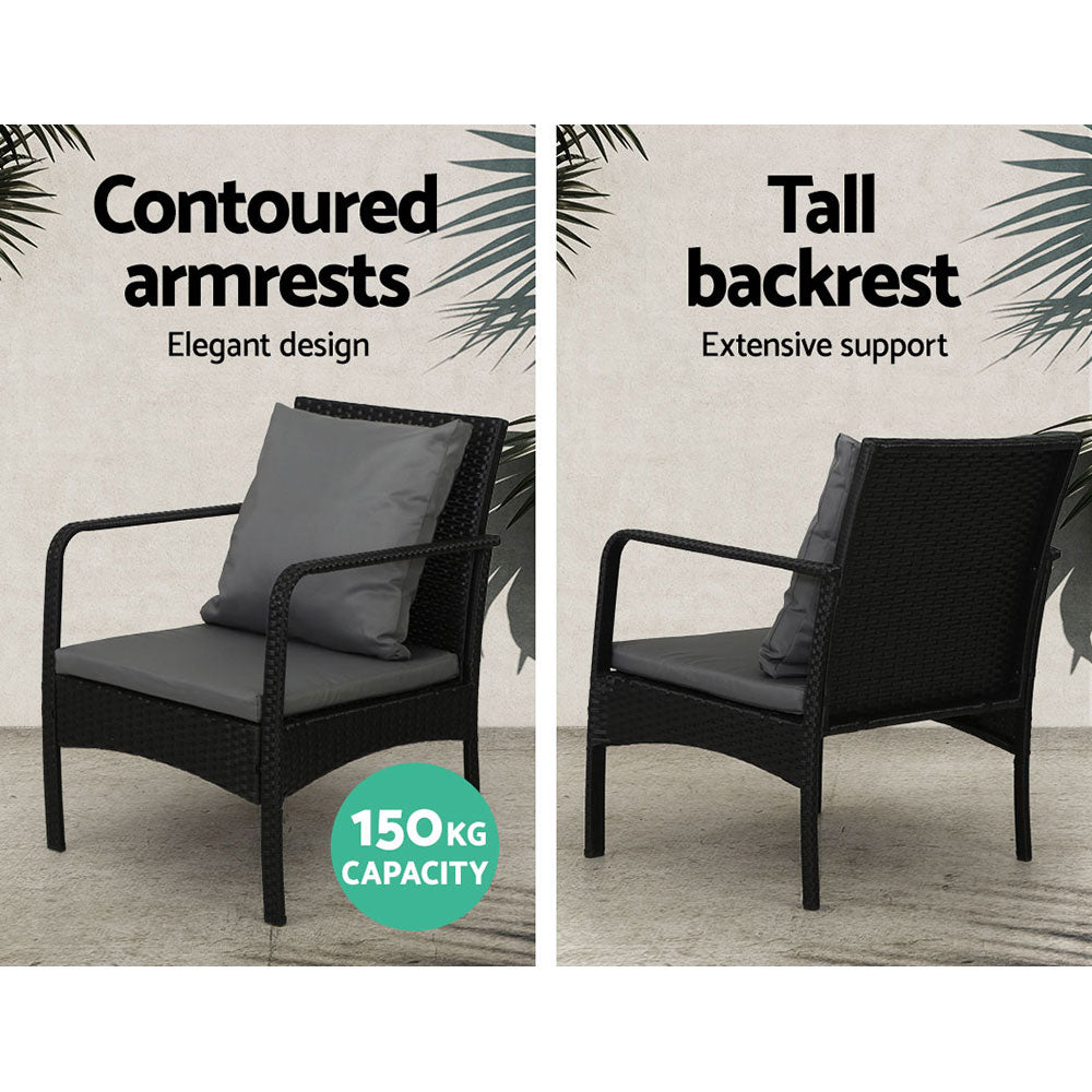 Outdoor Rattan Sofa Set – Wicker, Steel Frame, Black with Dark Grey Cushions