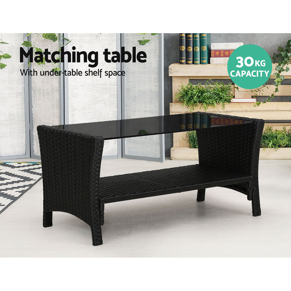 Outdoor Rattan Sofa Set – Wicker, Steel Frame, Black with Dark Grey Cushions