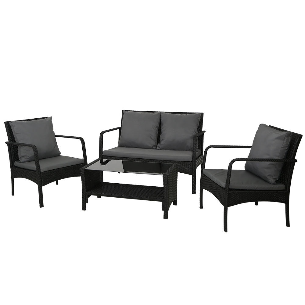 Outdoor Rattan Sofa Set – Wicker, Steel Frame, Black with Dark Grey Cushions