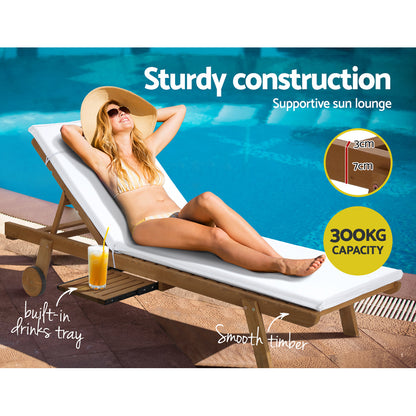 Gardeon sun lounge set with adjustable fir wood loungers and white cushions for outdoor relaxation.