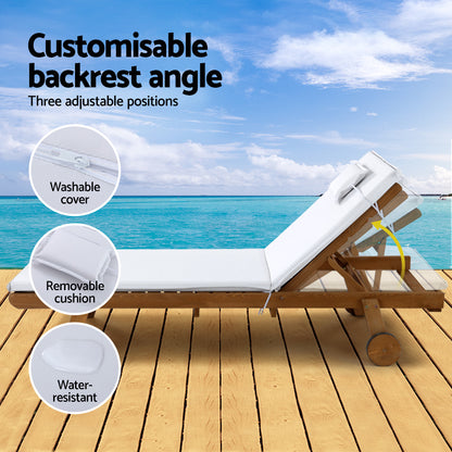 Gardeon sun lounge set with adjustable fir wood loungers and white cushions for outdoor relaxation.