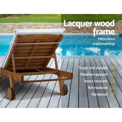 Gardeon sun lounge set with adjustable fir wood loungers and white cushions for outdoor relaxation.
