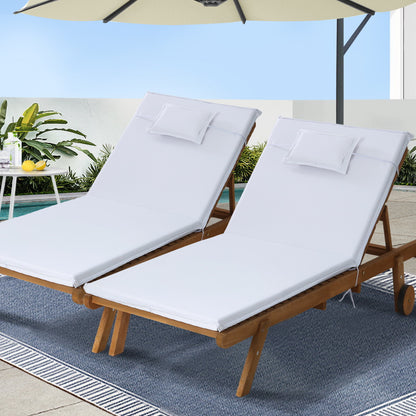 Gardeon sun lounge set with adjustable fir wood loungers and white cushions for outdoor relaxation.