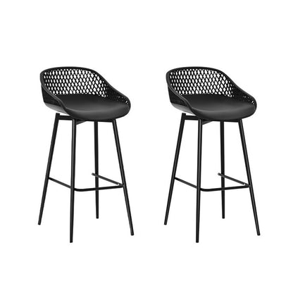 Set of two Gardeon outdoor bar stools with weather-resistant black plastic seats and metal frames, ideal for outdoor seating.