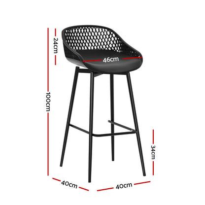 Set of two Gardeon outdoor bar stools with weather-resistant black plastic seats and sturdy metal frames, ideal for outdoor use.