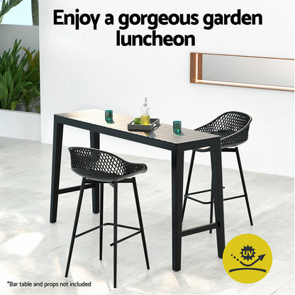 Set of two Gardeon outdoor bar stools with weather-resistant black plastic seats and sturdy metal frames for outdoor seating.