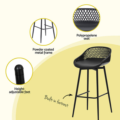 Set of two Gardeon outdoor bar stools with weather-resistant black plastic seats and sturdy metal legs for outdoor seating.
