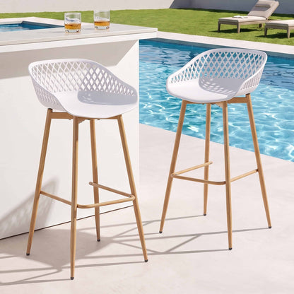 TWSC 2PC Outdoor Bar Stools Plastic Metal Dining Chair Patio Furniture White
