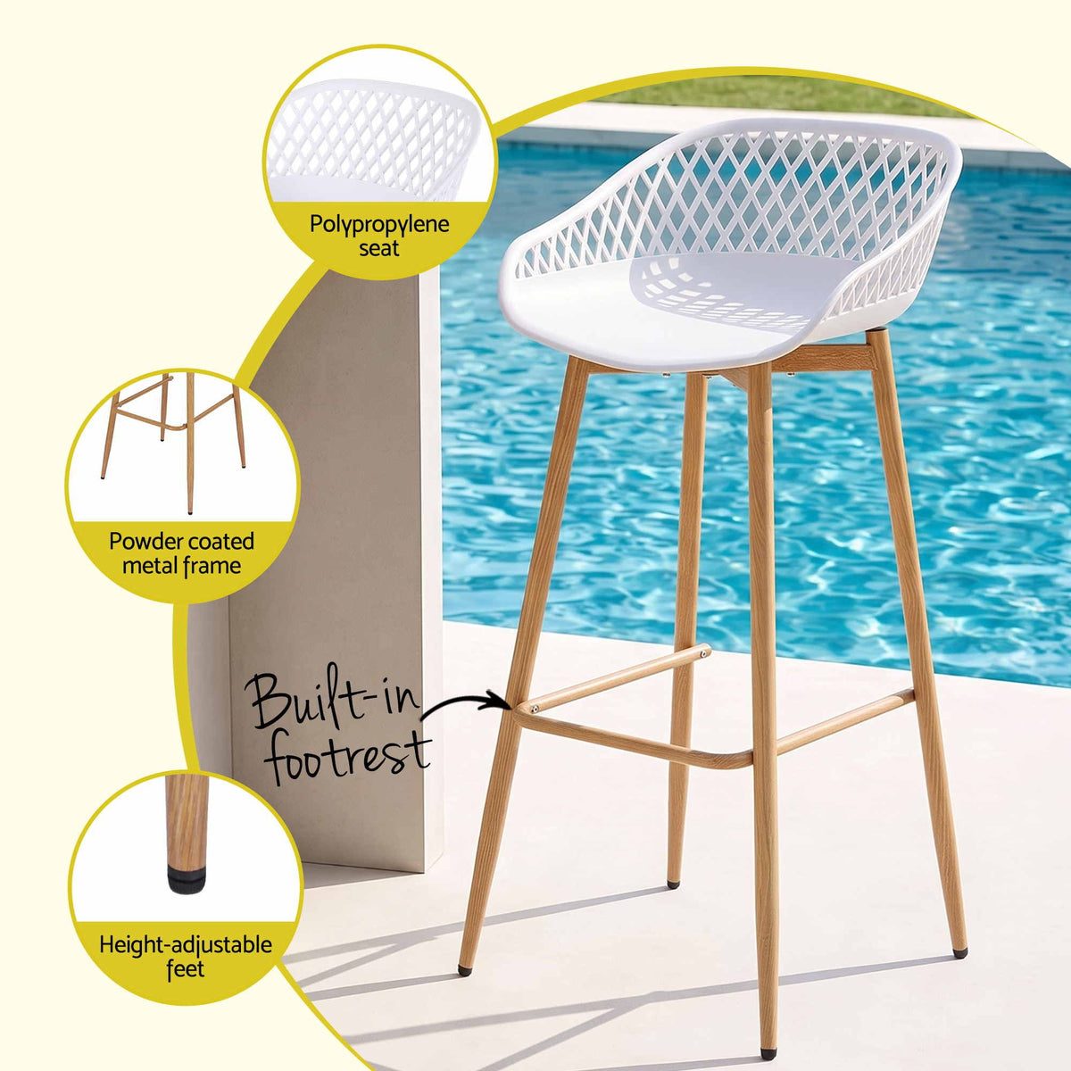 TWSC 2PC Outdoor Bar Stools Plastic Metal Dining Chair Patio Furniture White