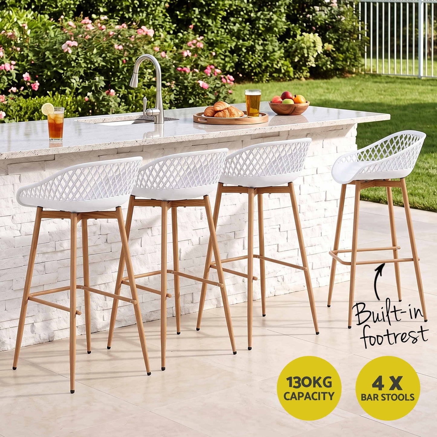 Gardeon 4-Piece Outdoor Bar Stools Plastic Metal Dining Chair Balcony White