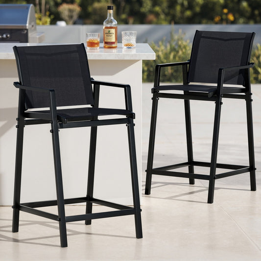 TWSC 2PC Outdoor Bar Stools Steel Dining Chairs Patio Furniture Garden Black