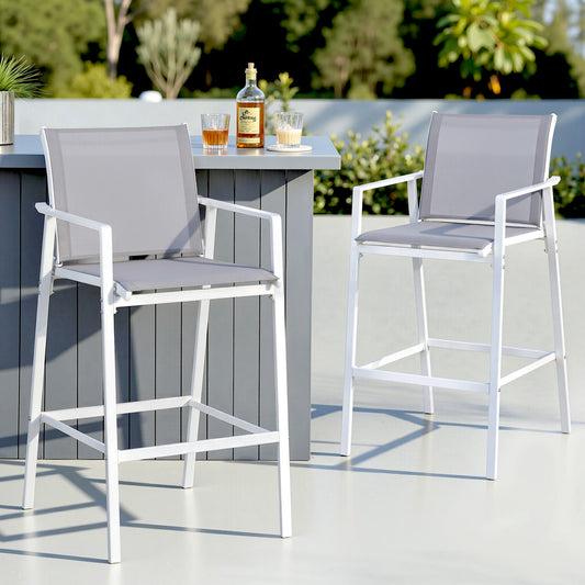 Outdoor Bar Stools Set – Steel Frame, Textilene Fabric, White