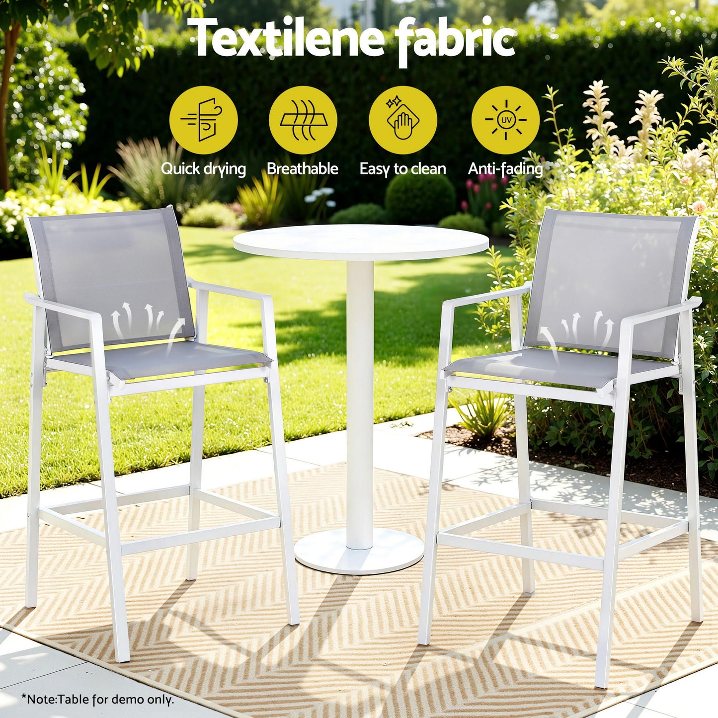 Outdoor Bar Stools Set – Steel Frame, Textilene Fabric, White