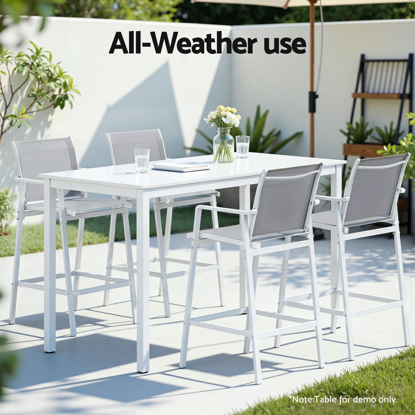 Outdoor Bar Stools Set – Steel Frame, Textilene Fabric, White
