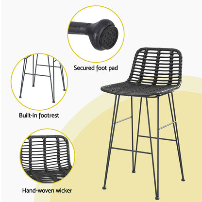 TWSC 2x Outdoor Bar Stools Rattan Black