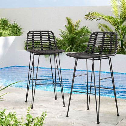 TWSC 2x Outdoor Bar Stools Rattan Black