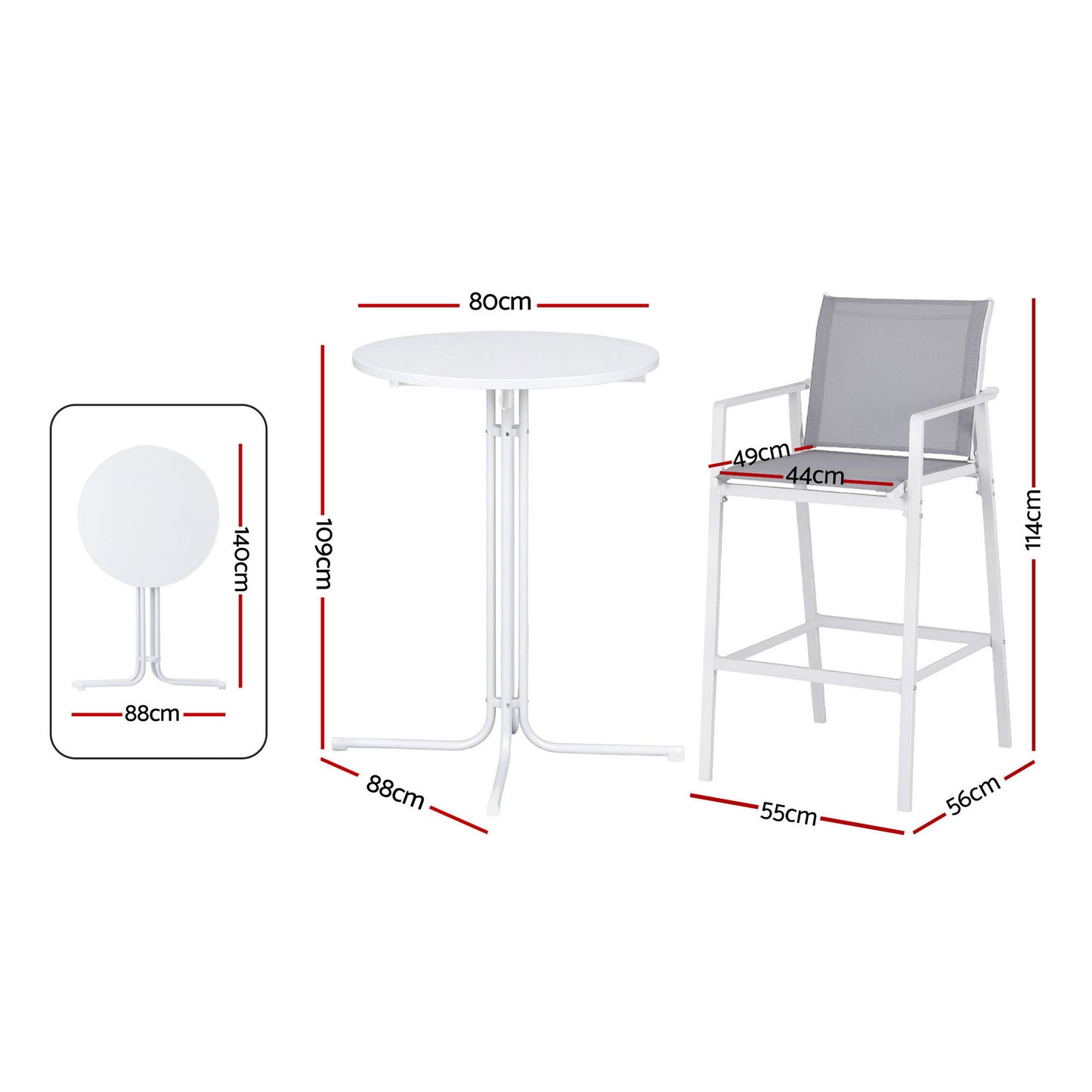 TWSC 3PC Outdoor Bar Set Stools Dining Chairs Table Patio Furniture Bistro Set Steel White