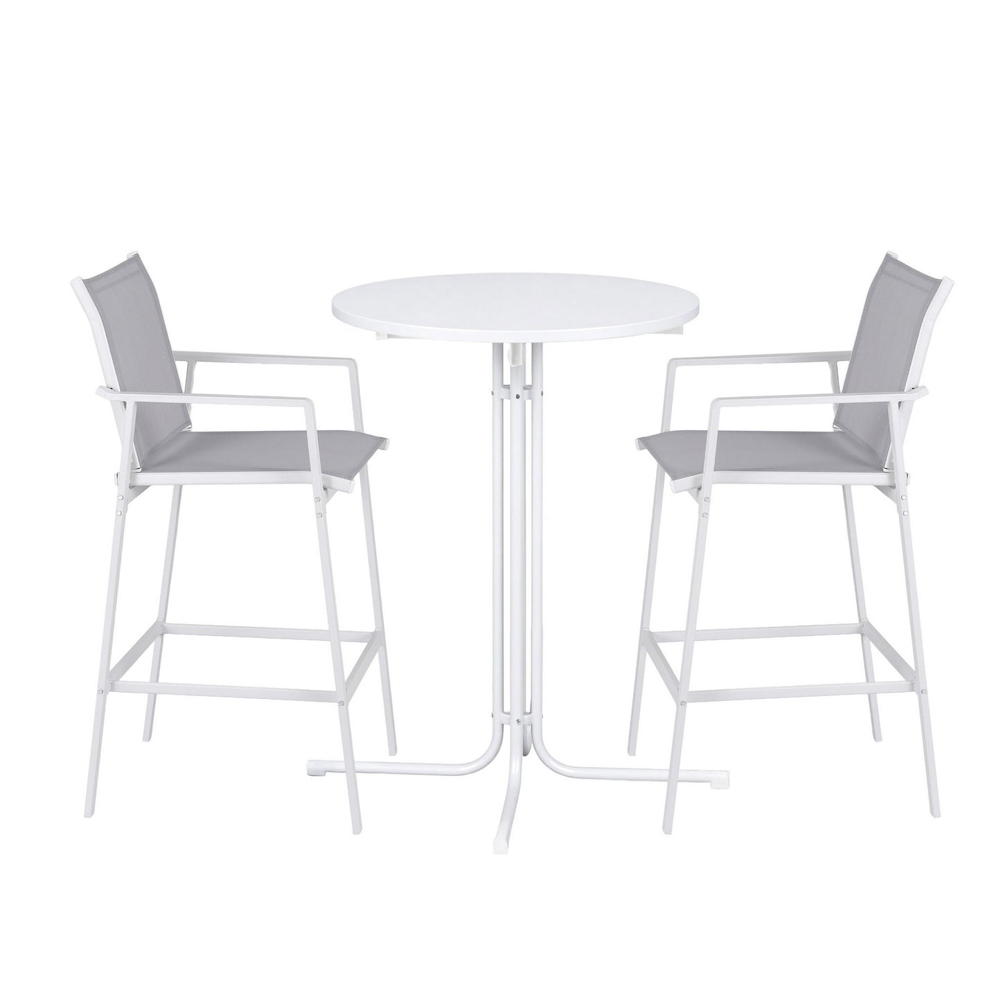 TWSC 3PC Outdoor Bar Set Stools Dining Chairs Table Patio Furniture Bistro Set Steel White