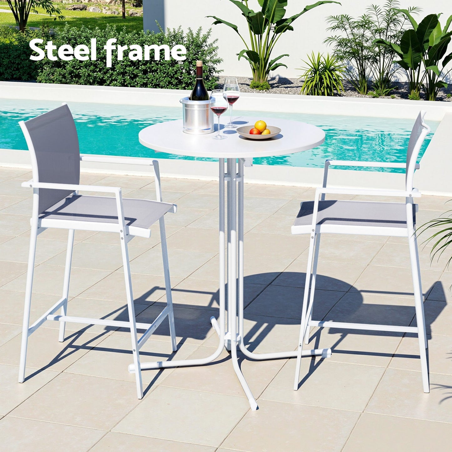 TWSC 3PC Outdoor Bar Set Stools Dining Chairs Table Patio Furniture Bistro Set Steel White