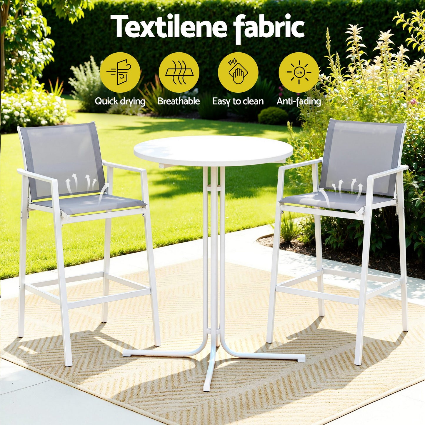 TWSC 3PC Outdoor Bar Set Stools Dining Chairs Table Patio Furniture Bistro Set Steel White