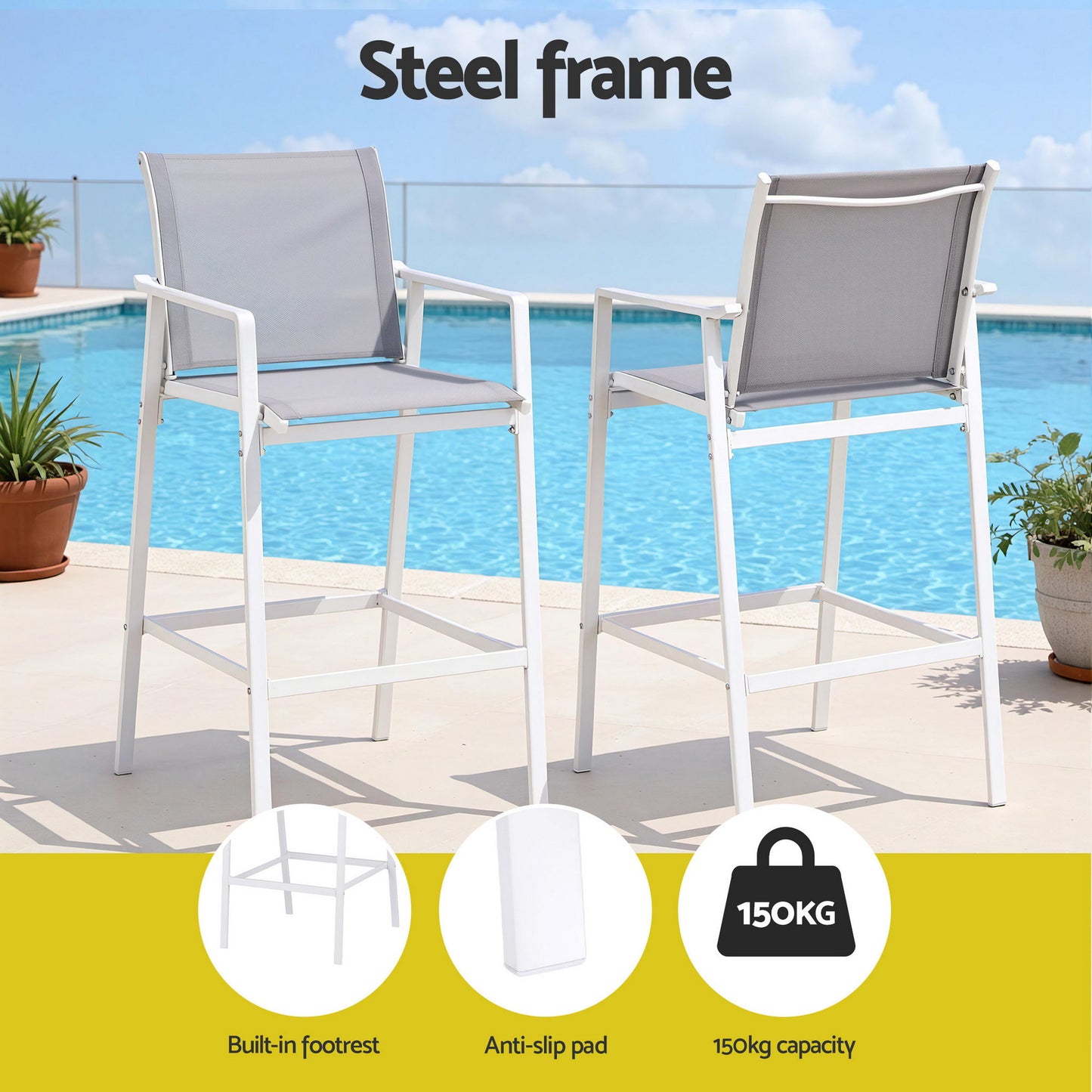 TWSC 3PC Outdoor Bar Set Stools Dining Chairs Table Patio Furniture Bistro Set Steel White